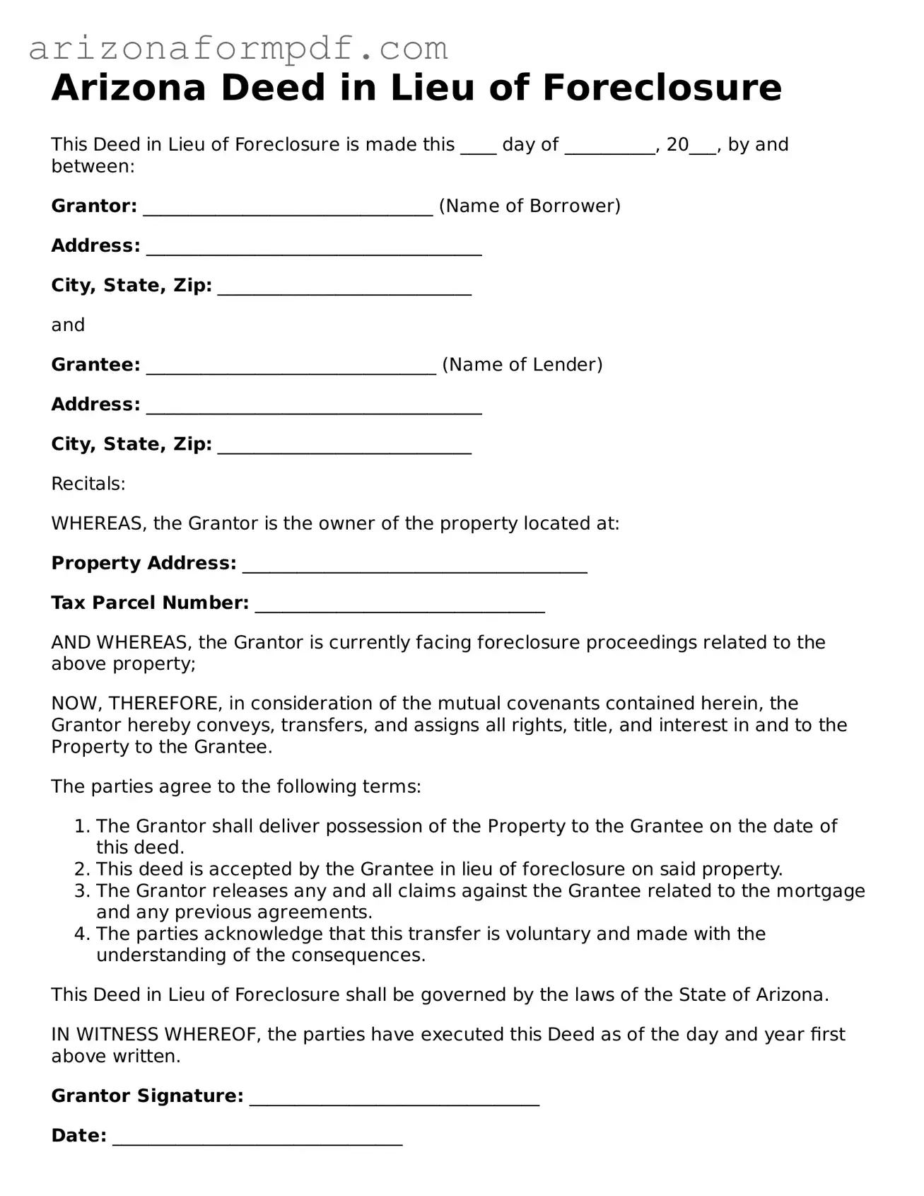 Attorney-Verified Deed in Lieu of Foreclosure Document for the State of Arizona