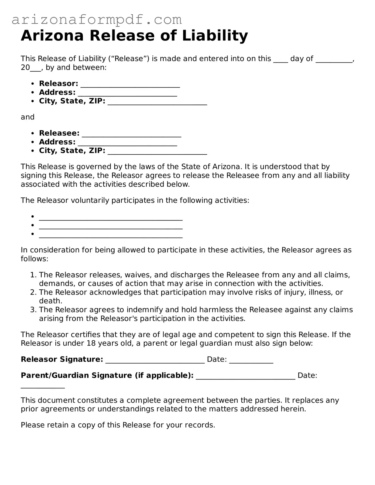 Attorney-Verified Release of Liability Document for the State of Arizona