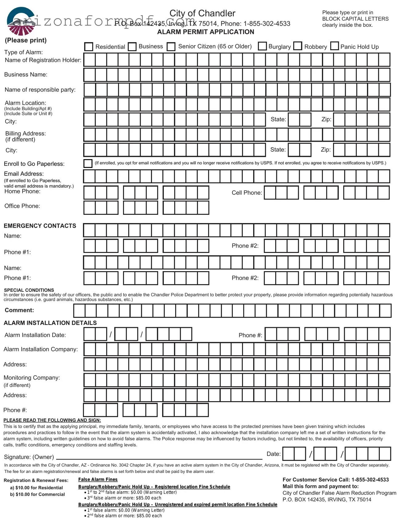 Fill Out Your Az Chandler Alarm Form