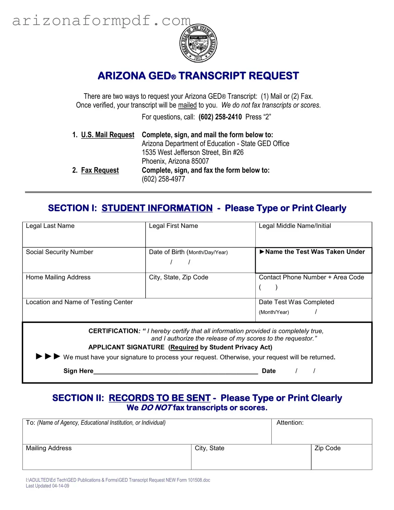 Fill Out Your Az Ged Transcript Request Form