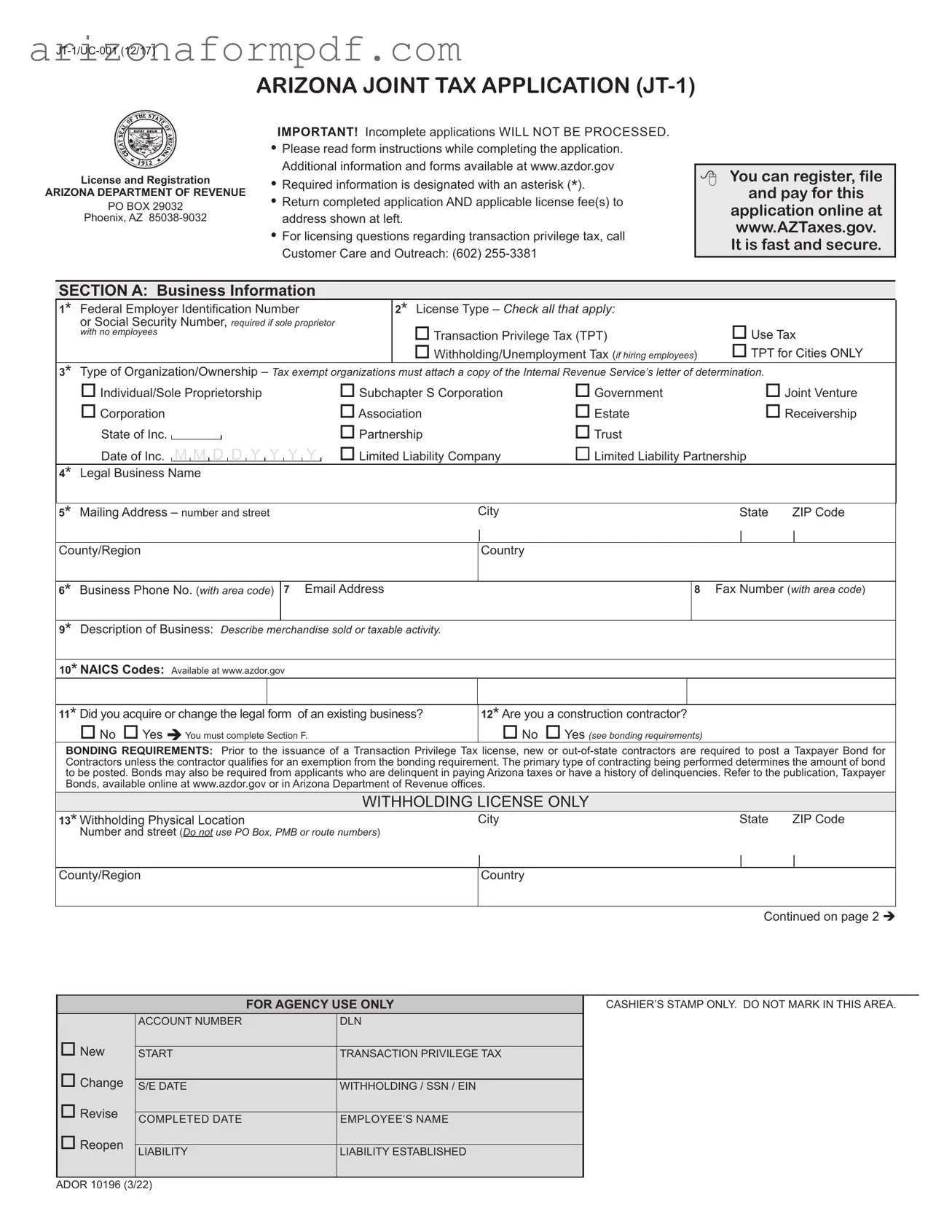 Fill Out Your Jt 1 Arizona Tax Form