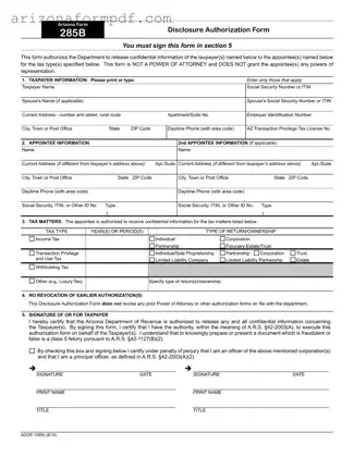 Fill Out Your Arizona 285 Form