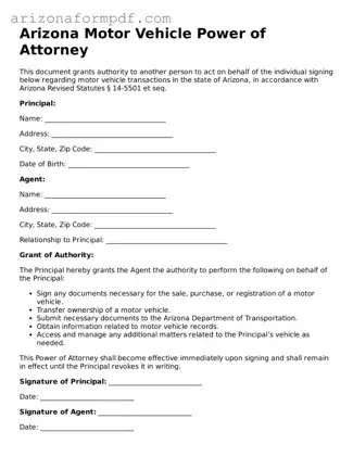 Attorney-Verified Motor Vehicle Power of Attorney Document for the State of Arizona