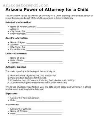 Attorney-Verified Power of Attorney for a Child Document for the State of Arizona