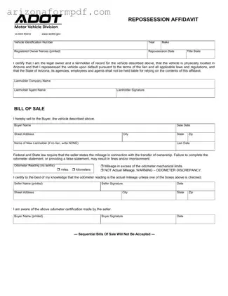 Fill Out Your Arizona Repossession Affidavit Form